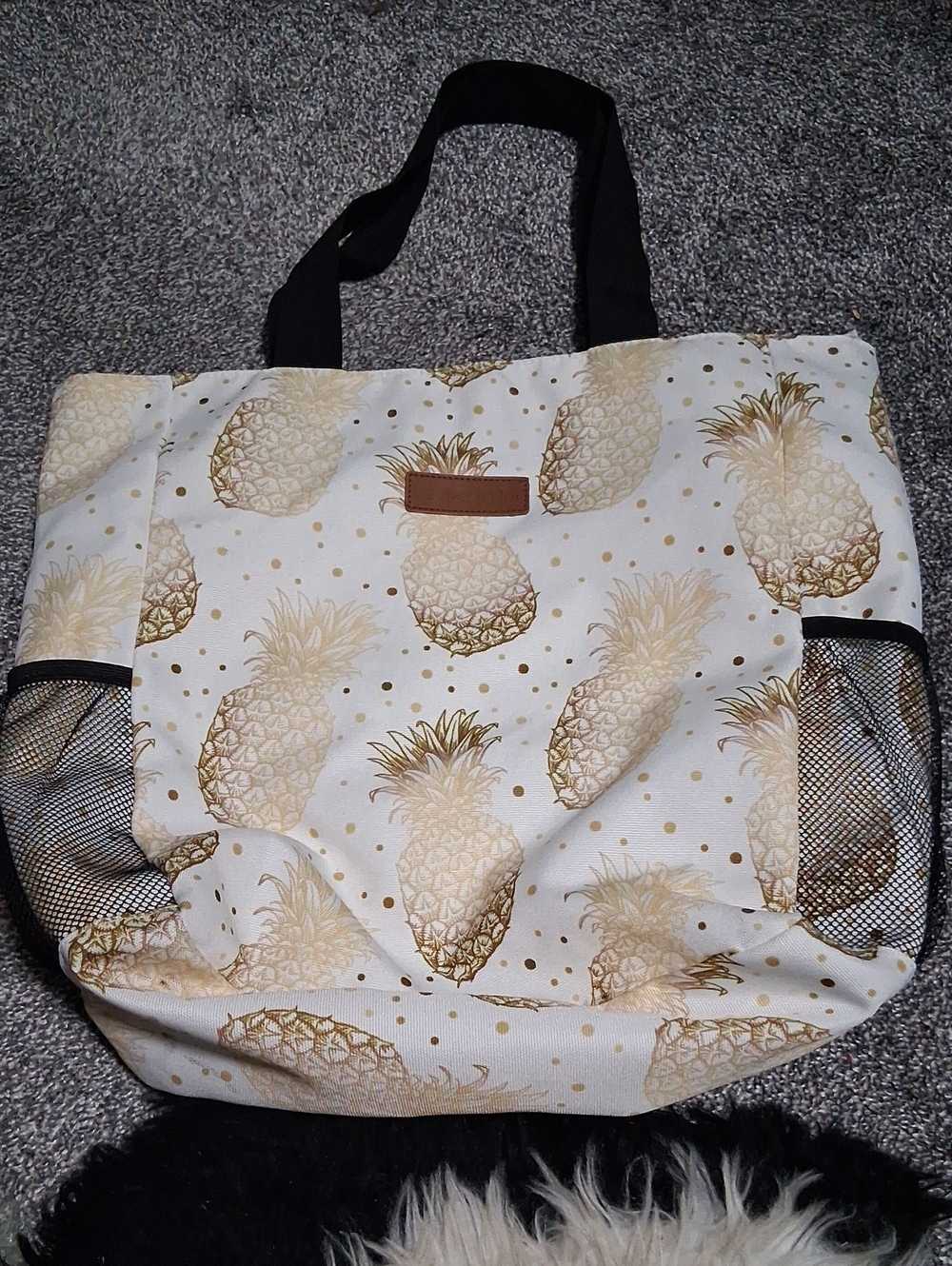 Neutral Pineapple Print Tote Bag with Black Handles